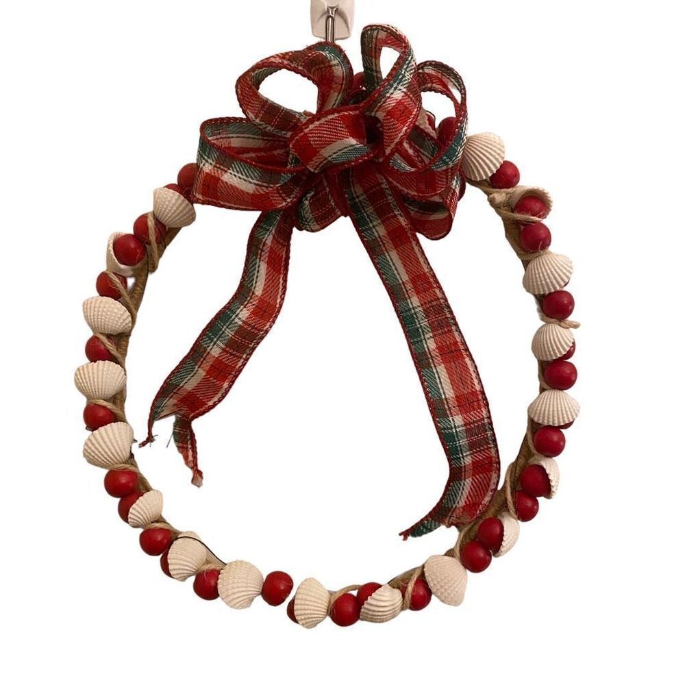 Handcrafted Seashell‎ and Red Beads Christmas Holiday Wreath 9”